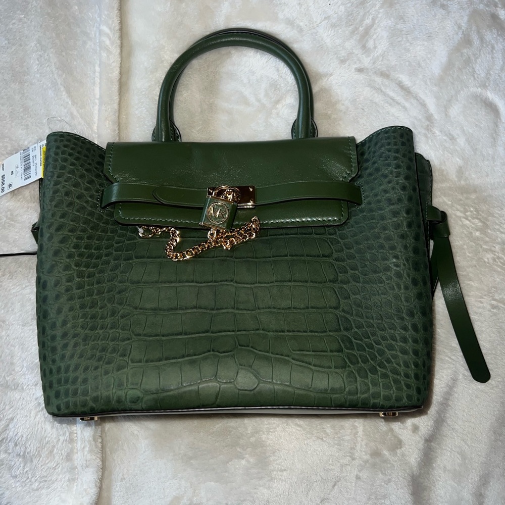 Amazon Green Hamilton Legacy Large Crocodile Embossed Leather Belted Satchel